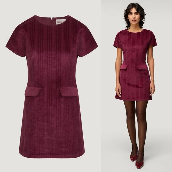 Rouje Paris Auxane Velour Corduroy Short Mini Dress in Cerise Burgundy - Picture 3 of 12